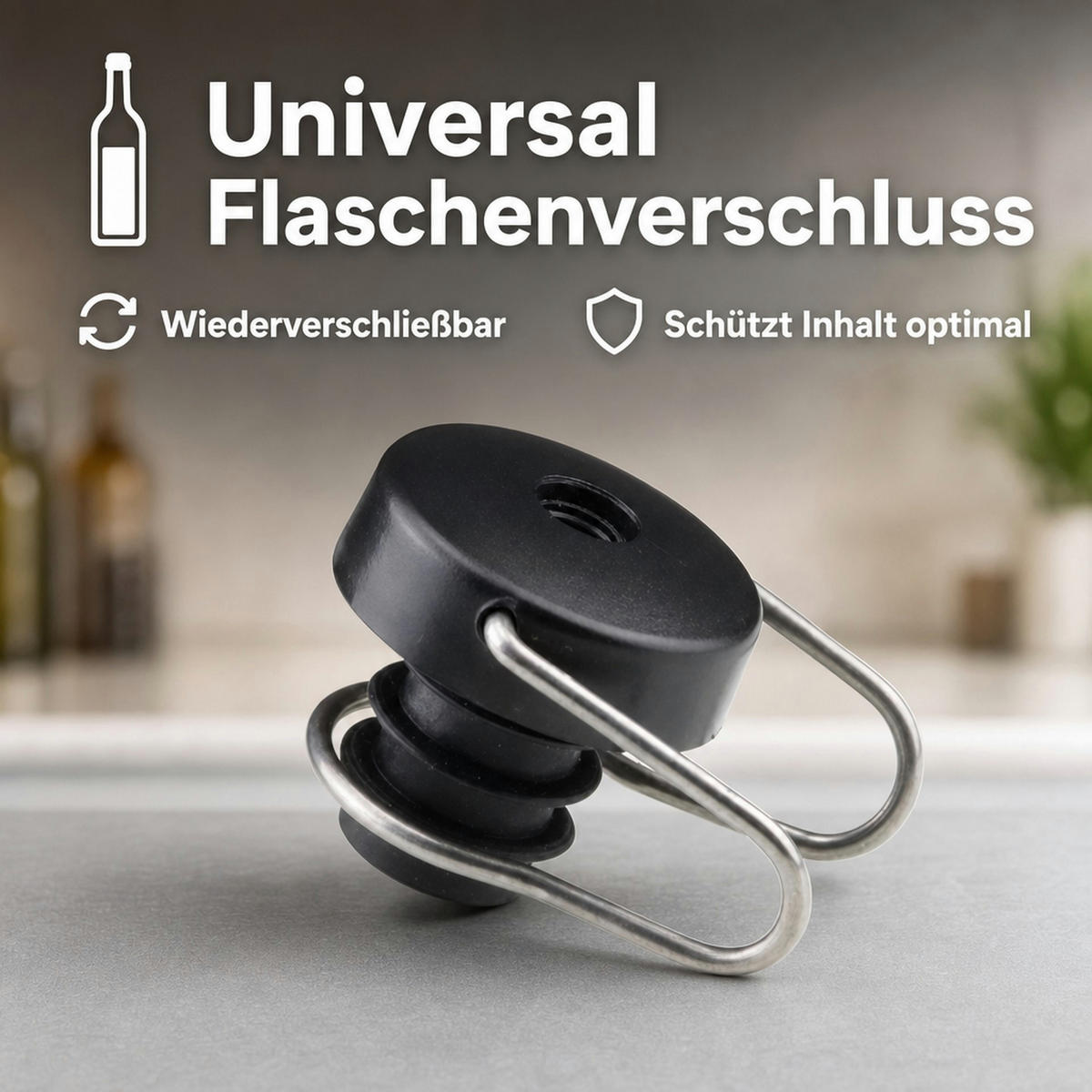 FLASCHENVERSCHLUSS Tip Top Universal - Weinverschluss & Bierverschluss | Wiederverschließbar - Schwarz, Kunststoff (6/6/6cm) - ich-zapfe