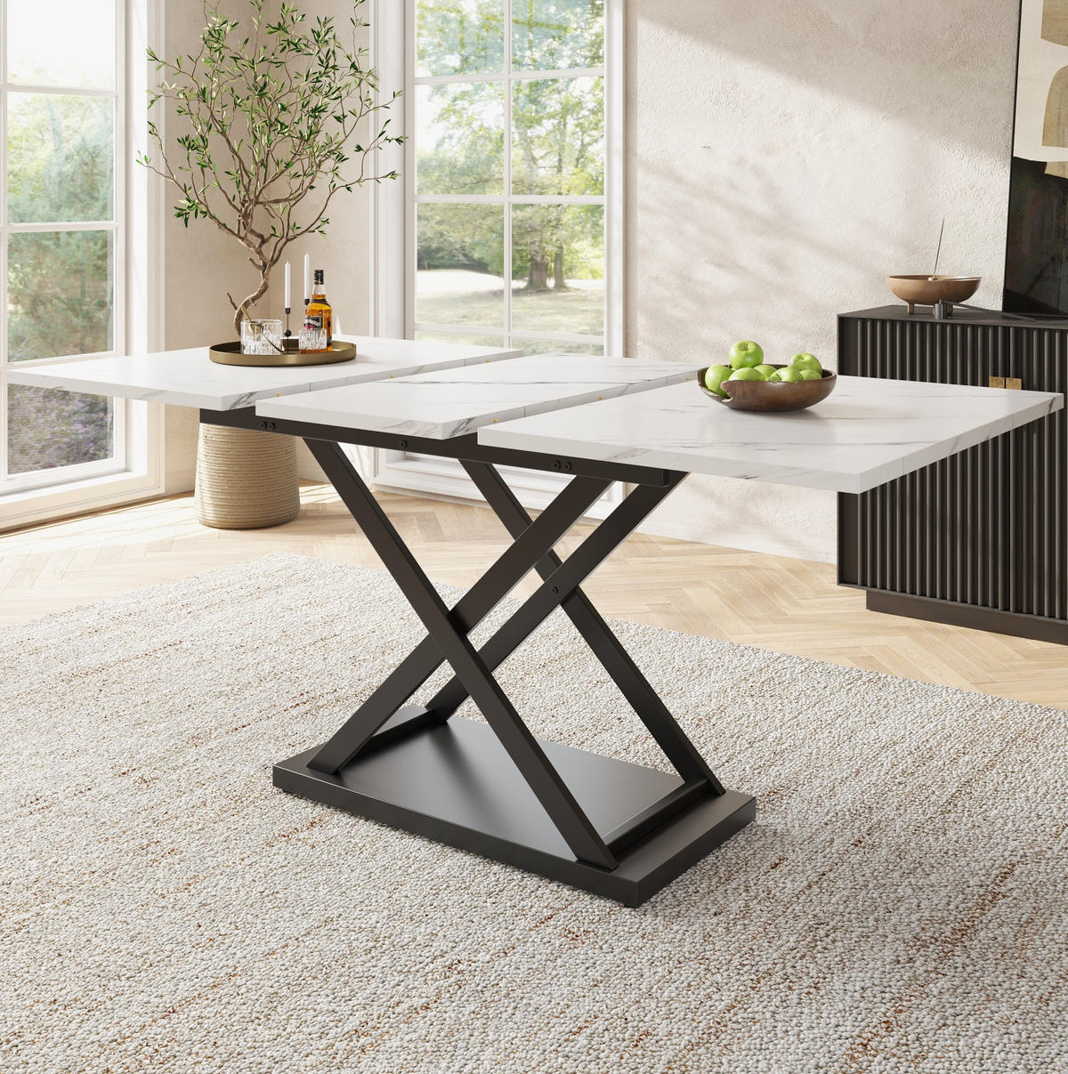 JÍDELNÍ stůl 120-160/80/75 cm bílá/černá z MDF a kovu rozkládací s křížovou podnoží - bílá, kompozitní dřevo (160/80/75cm) - OKWISH