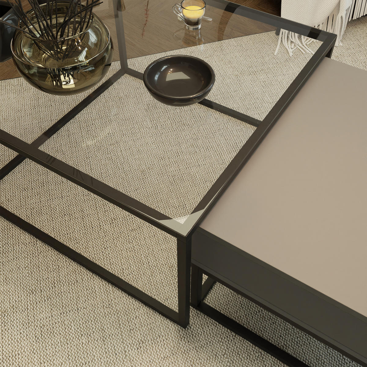 COUCHTISCH quadratisch Grau, MDF/Glas Tischplatte, Rahmen Schwarz - Schwarz/Grau, Holzwerkstoff (70/70/42cm) - Idohome
