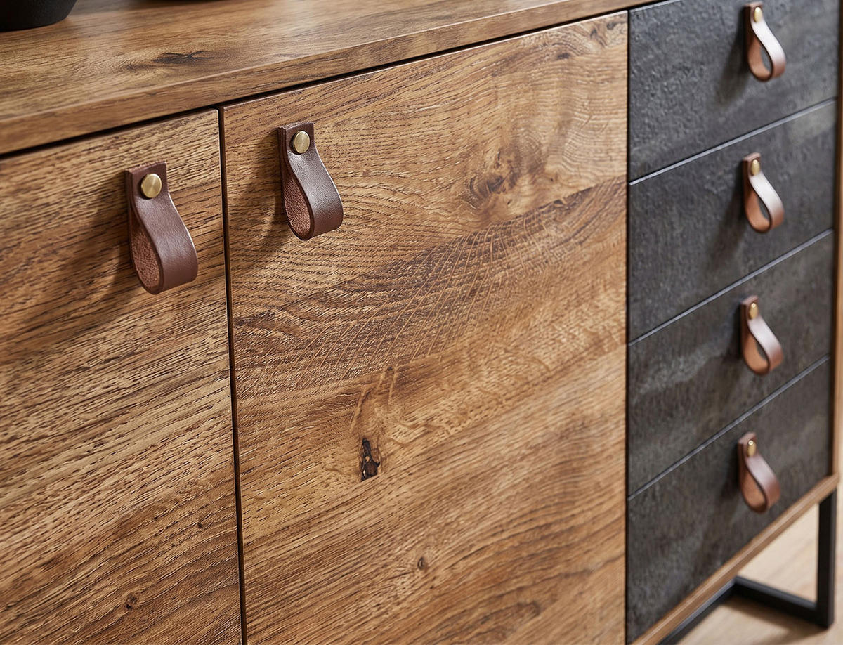 SIDEBOARD Dark Eiche Ribbeck / black stone 153 / 39 / 89cm - Eichefarben/Schwarz, Leder/Holzwerkstoff (153/89/39cm) - Feldmann-Wohnen