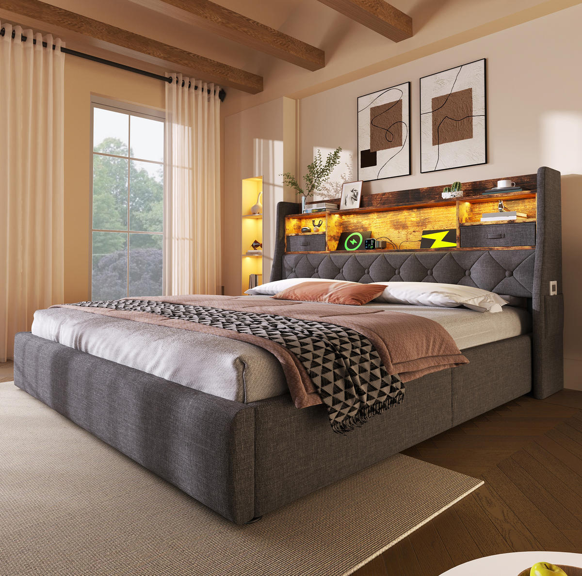 POLSTERBETT aus Leinen 140x200 cm in Grau mit LED & Ladestation - Grau, Textil (140/200cm) - Modfu
