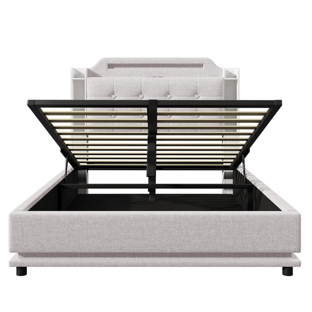 STAURAUMBETT 140/200 cm DE-04727, mit LED, USB+Typ-C und Hydraulik in Beige - Beige, Holzwerkstoff/Metall (140/200cm) - ComfortXL