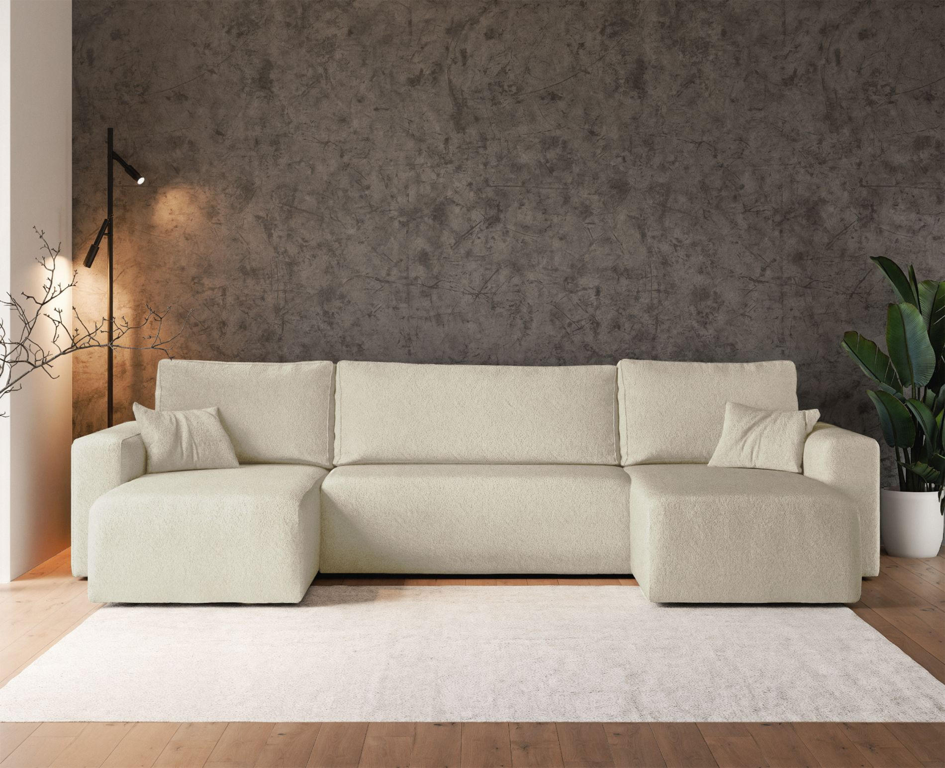 WOHNLANDSCHAFT Pianoni Creme Bouclé-Bezug - Creme/Schwarz, Kunststoff/Textil (312/83/140cm) - Selsey