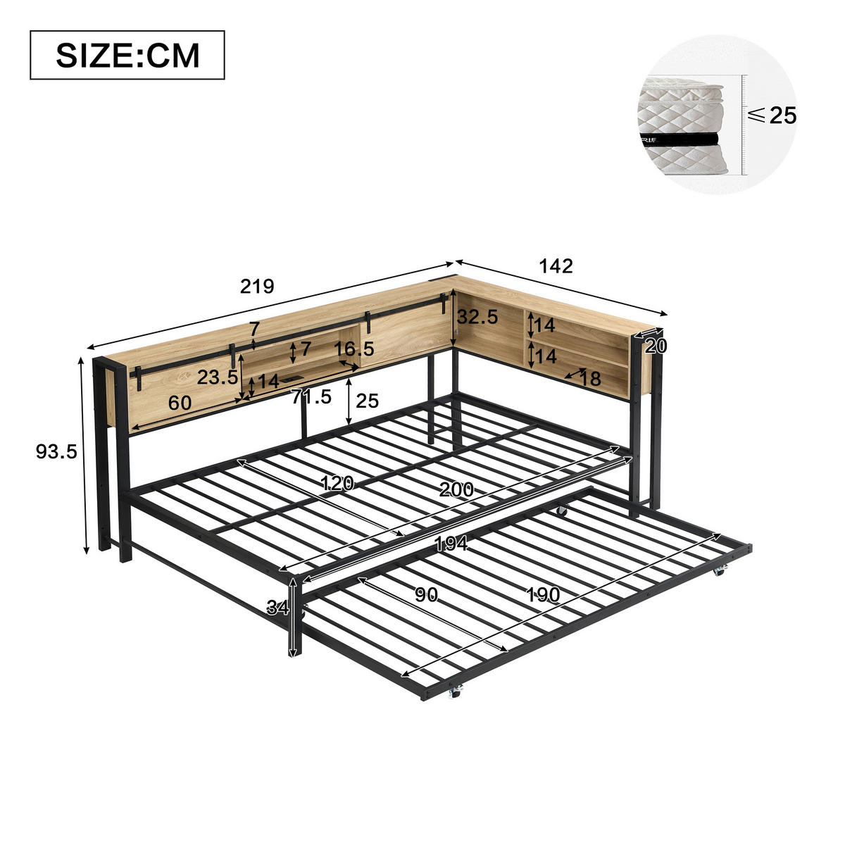 AUSZIEHBETT 120/200/90/190 cm, DE-41728, in Schwarz/Natur - Schwarz, Metall (120/200cm) - ComfortXL