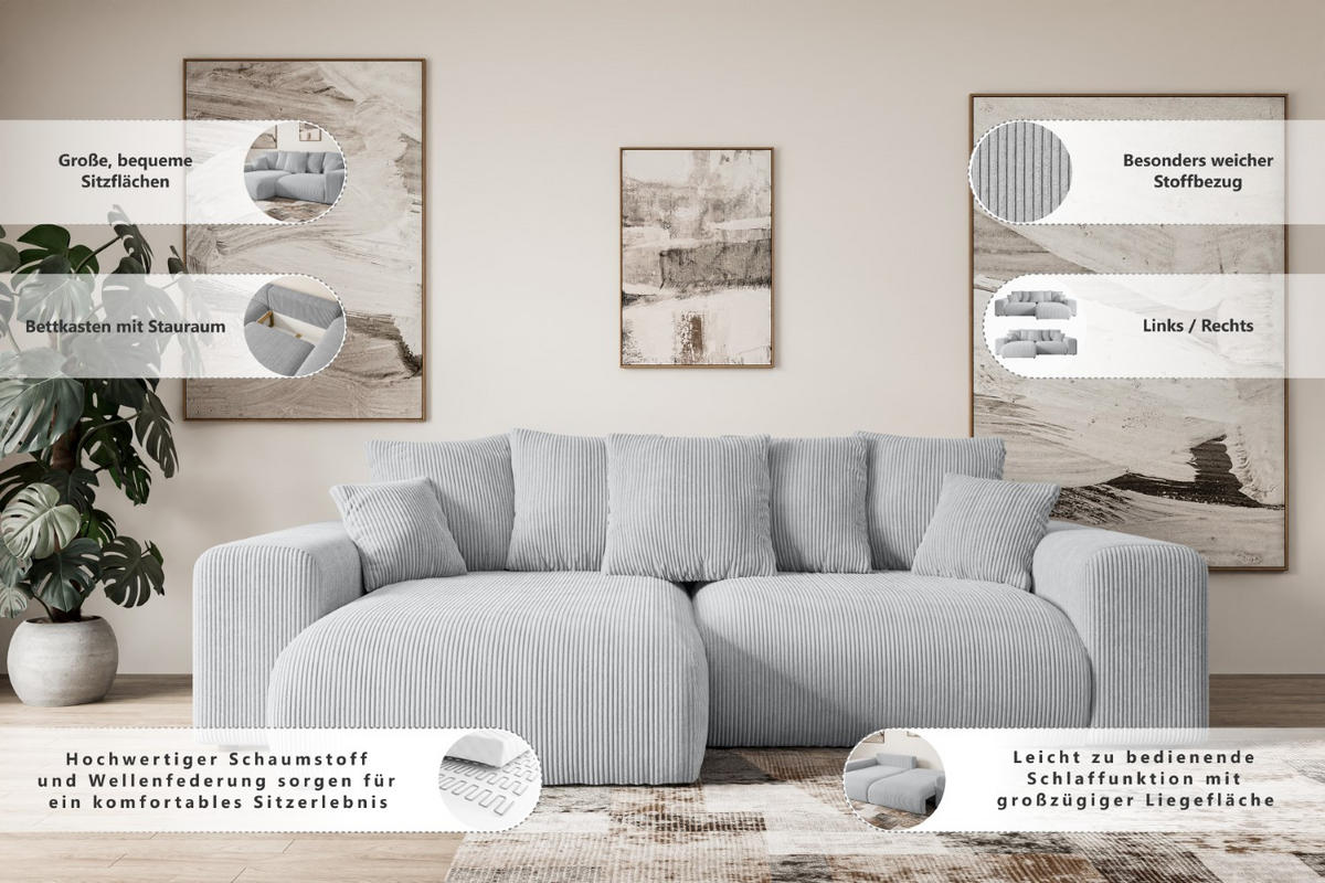 ECKSOFA mit Schlaffunktion und Bettkasten ESKAR-L 256x165x84cm Beige Velours - Beige/Schwarz, Holzwerkstoff/Kunststoff (165/256cm) - ALTDECOR