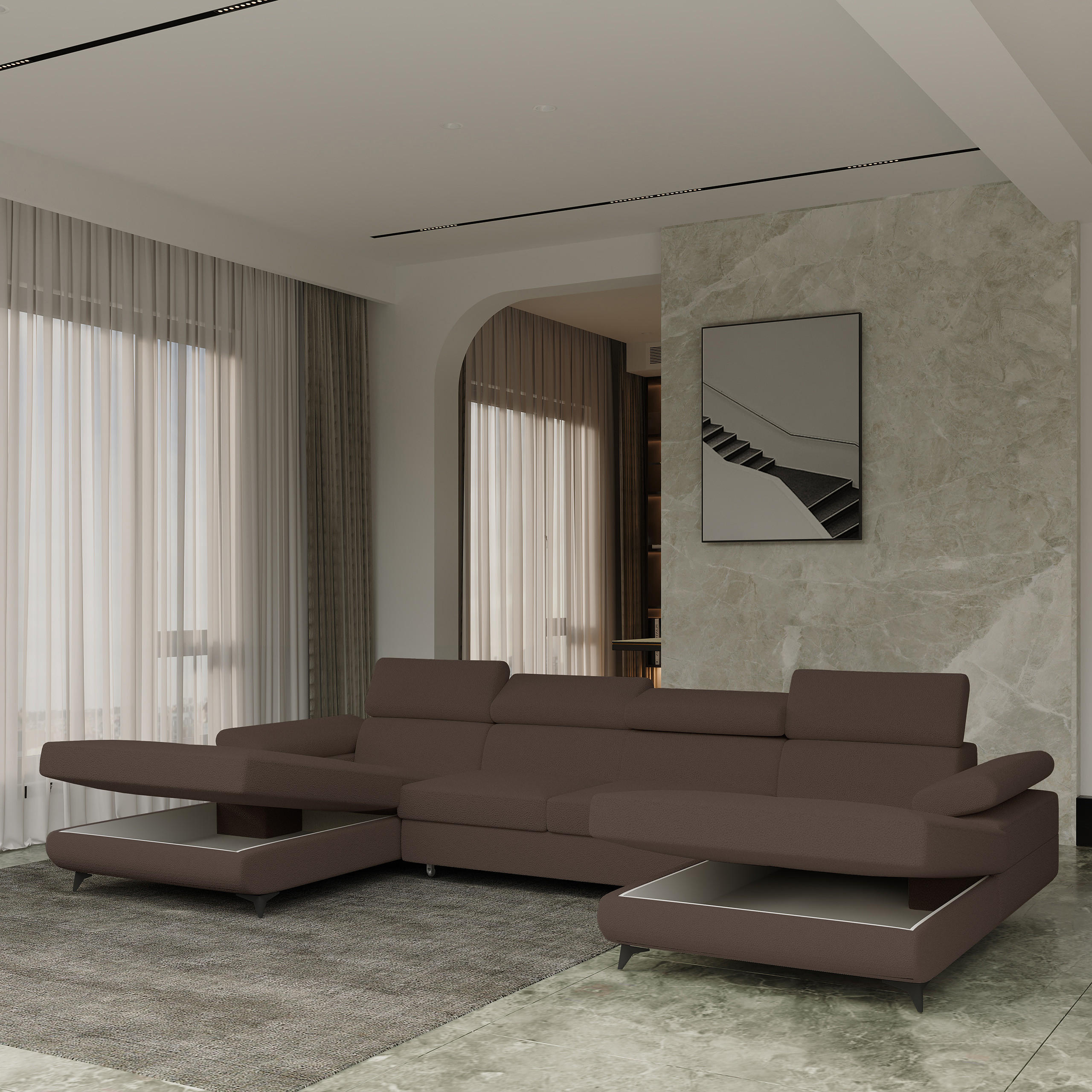 WOHNLANDSCHAFT DETTI Braun Boucle-Stoff mit Schlaffunktion - Braun, Holz (339/89/190cm) - MASSENO