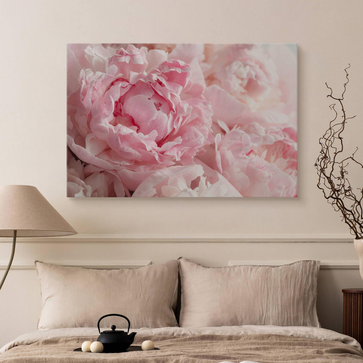 LEINWANDBILD Pfingstrosen Blumen 3D Pflanzen Natur 90x60 - Weiß/Rosa, Textil (90/60cm) - Muralo