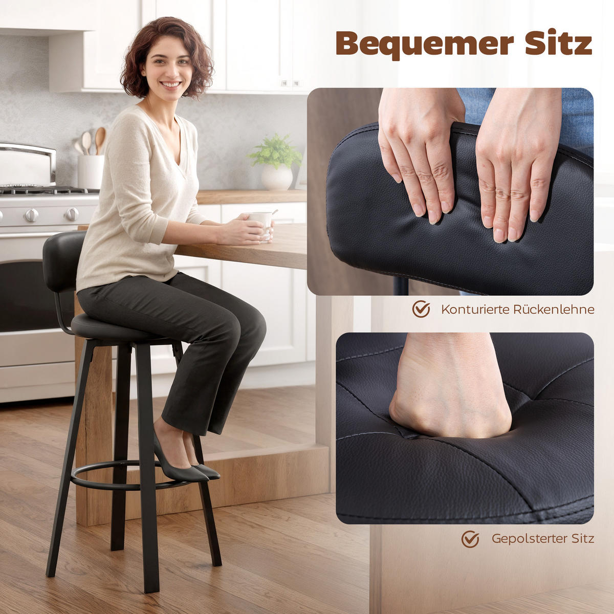 BARHOCKER 2er Set, Drehbar Gepolstert Barstühle mit Fußstütze, Rückenlehne - Schwarz, Metall (38/99/43.5cm) - HOMCOM