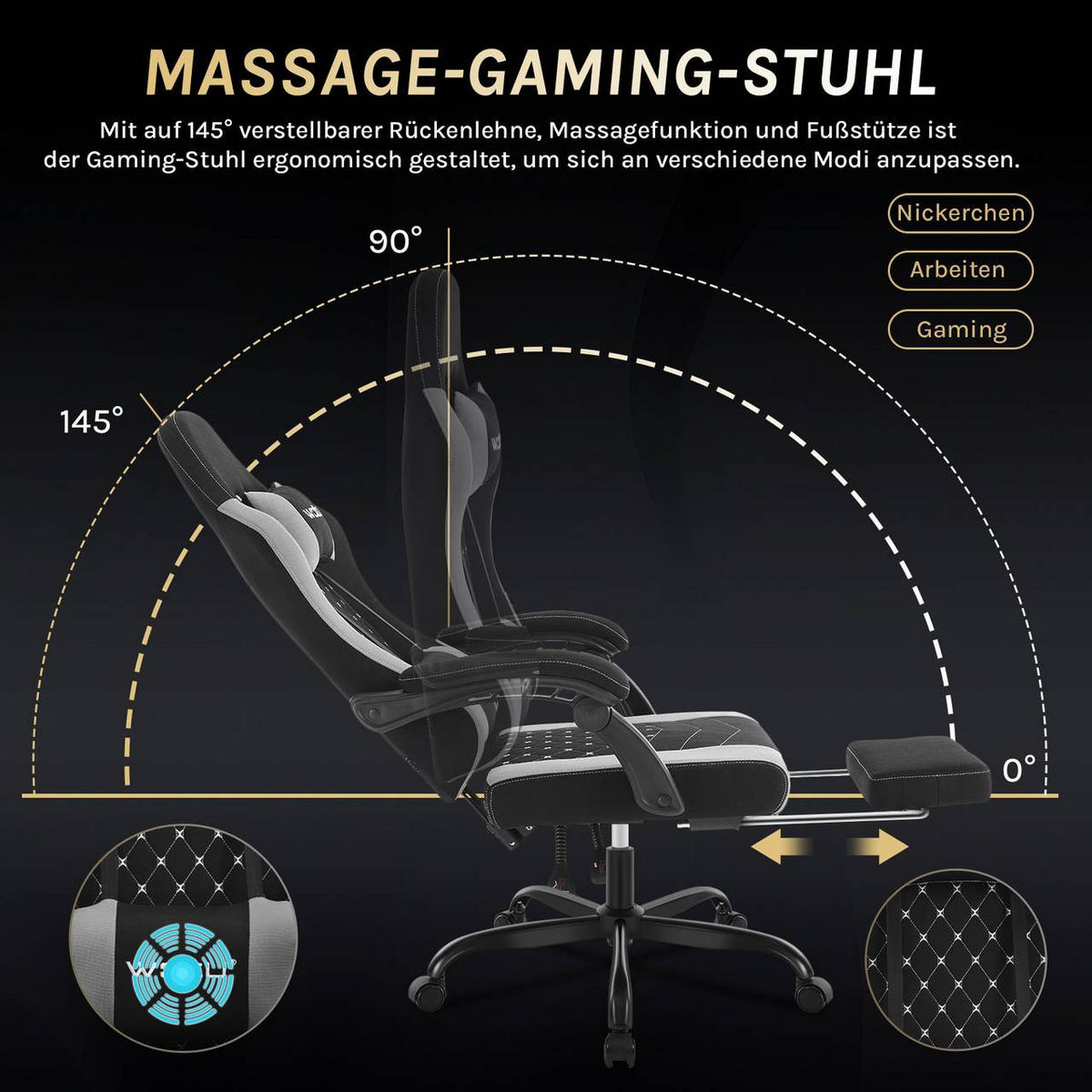 GAMINGSTUHL mit Massagefunktion, Netzstoff, Schwarz+Grau - Schwarz/Grau, Textil/Metall (70/127/70cm) - Woltu