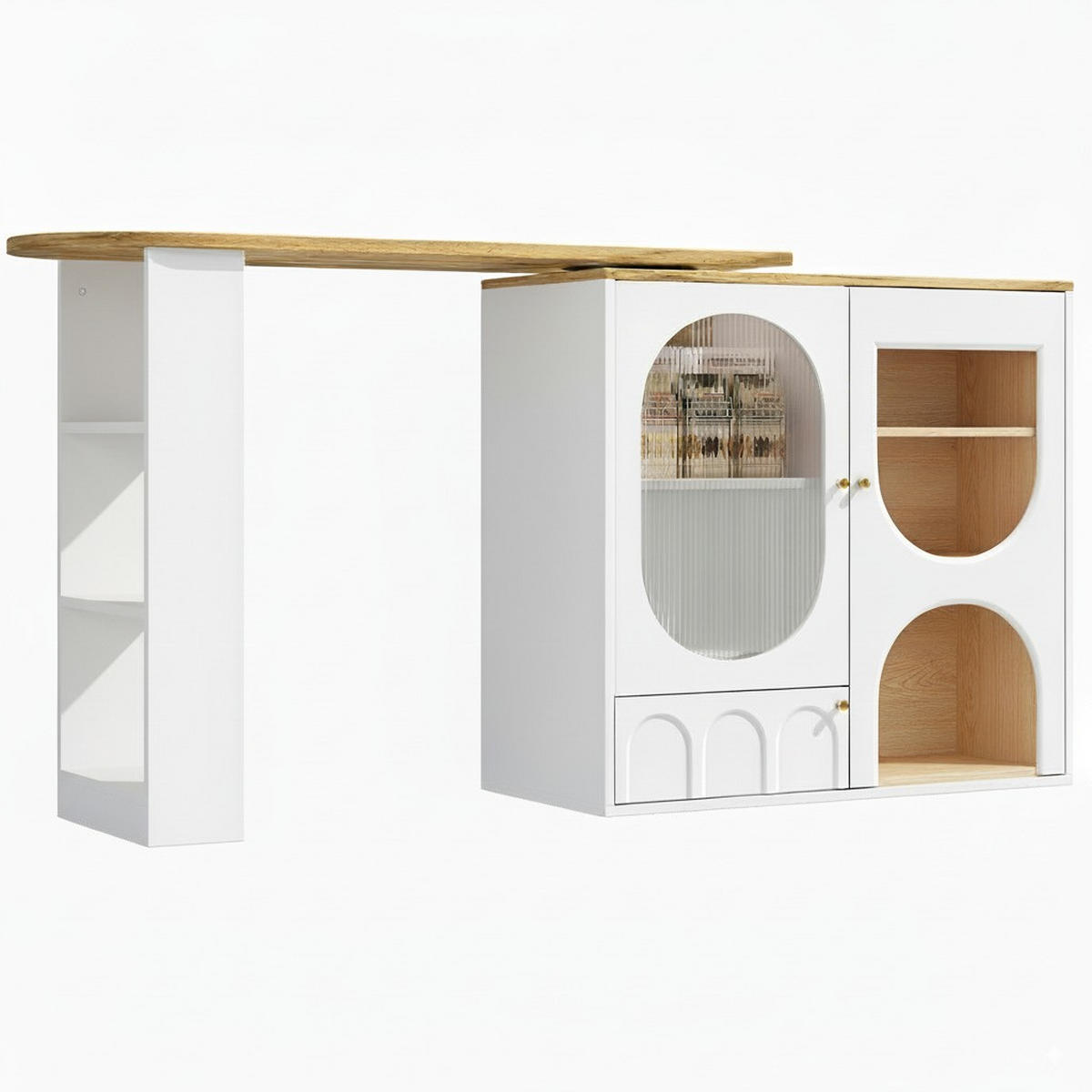 BARTISCH mit Stauraum Weiß Holzoptik 204 cm drehbar - Weiß, Glas/Holzwerkstoff (137.9/92.5/73cm) - Urban Meuble