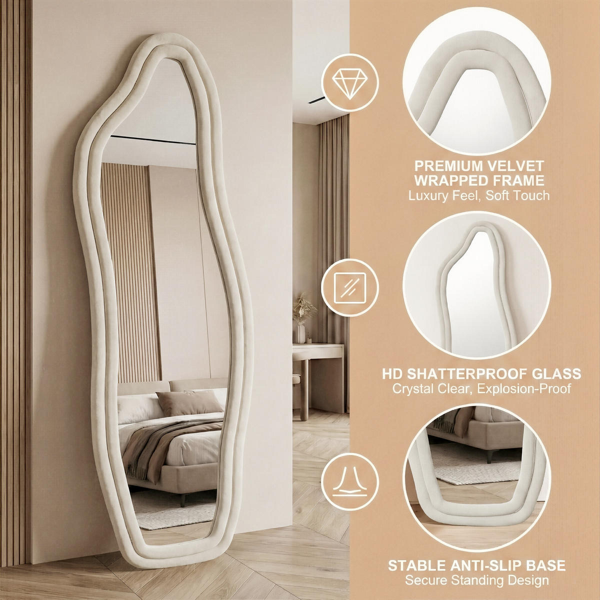 GANZKÖRPERSPIEGEL Wellen-Design mit U-Standfuß & Scharnier 160/50 cm Weiß - Weiß, Glas/Holzwerkstoff (50/160/3cm) - Creahappy