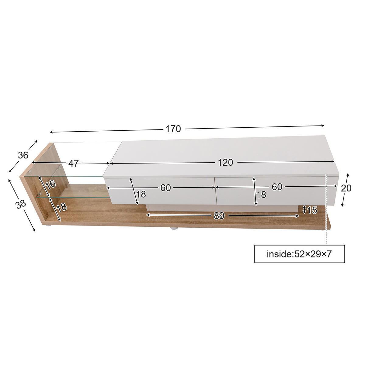LOWBOARD 170/36/38 cm in Weiß Hochglanz mit LED-Beleuchtung und 2 Schubladen - Weiß, Holzwerkstoff (170/38/36cm) - Flora Grace