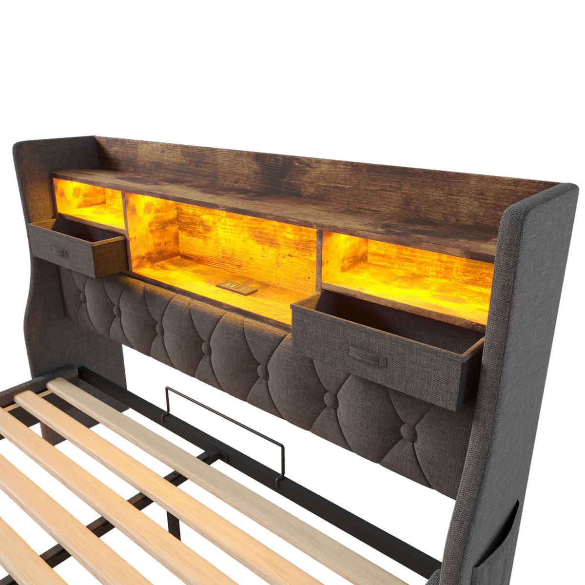POLSTERBETT 140/200 cm grau aus Leinen mit LED und Ladestation - Grau, Textil (140/200cm) - OKMYHOME