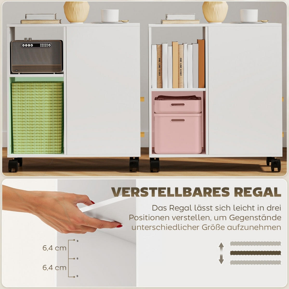 BÜCHERREGAL 60/30/65 cm mit 2 Schubladen, Rollen und verstellbarem Boden in Weiß - Weiß, Holz (60/65/30cm) - BEAOK