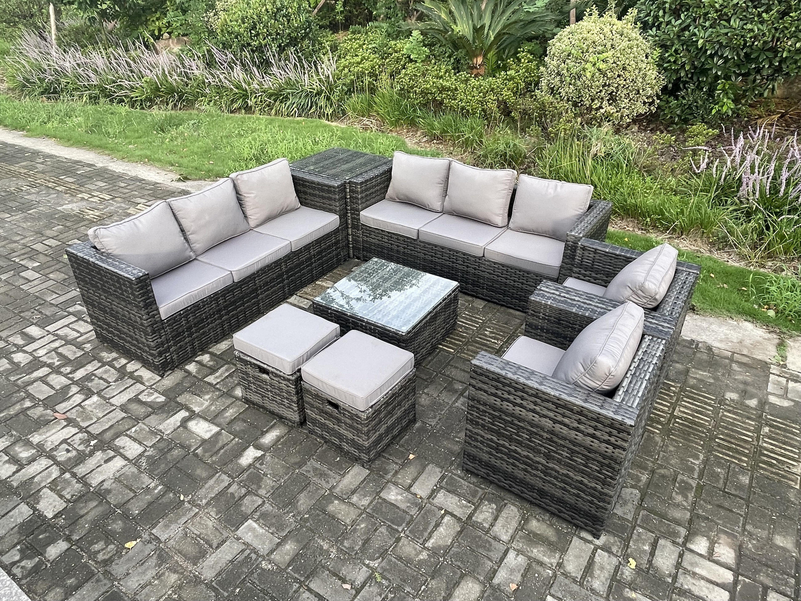 GARTENTISCHGRUPPE Polyrattan 10-Sitzer - Dunkelgrau, Metall - Fimous