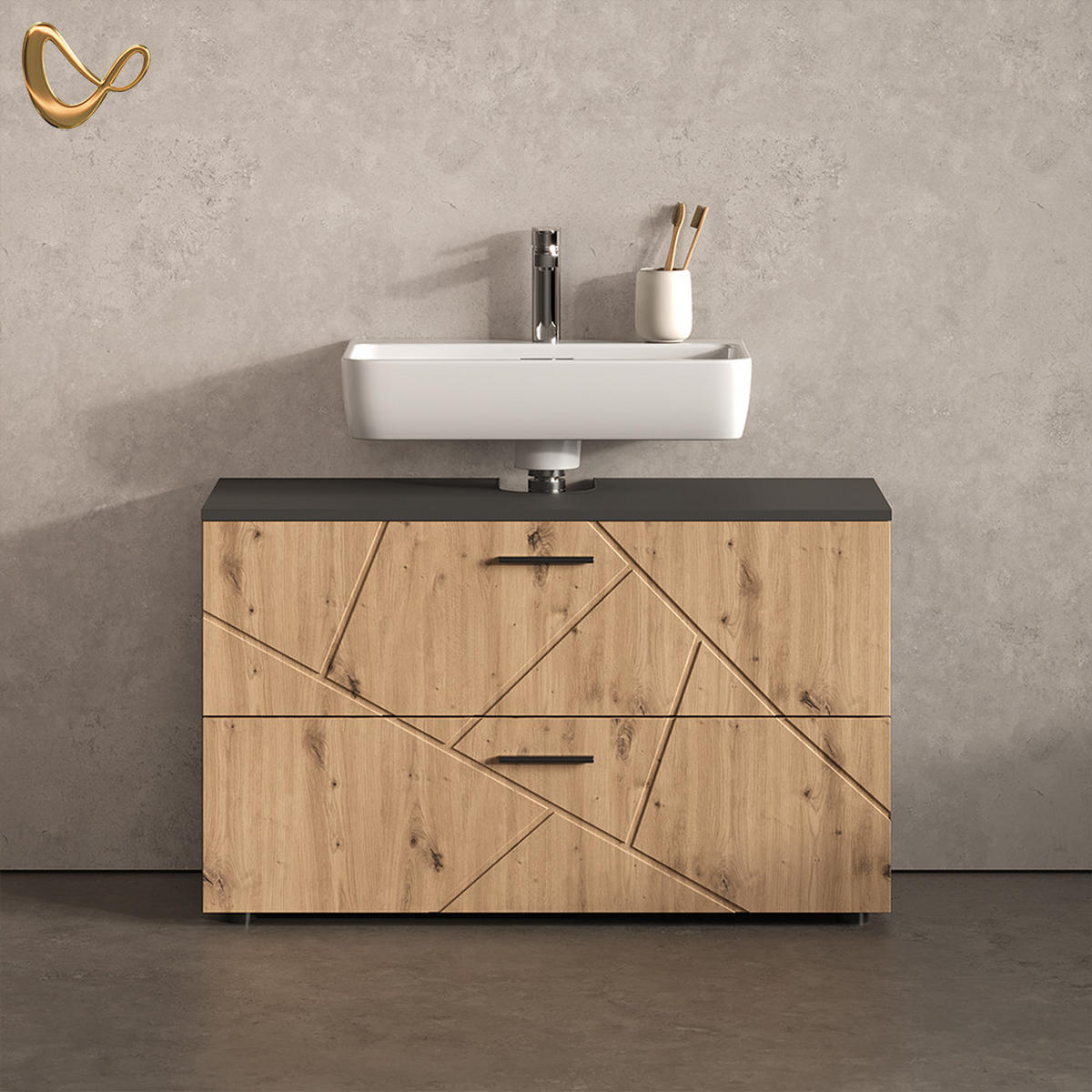 WASCHBECKENUNTERSCHRANK Ronco, Anthrazit/Artisan-Eiche, 100.1 x 60.6 cm mit 2 Schubladen - Anthrazit/Eiche Artisan, Holzwerkstoff (100.1/60.6/41cm) - Livinity®