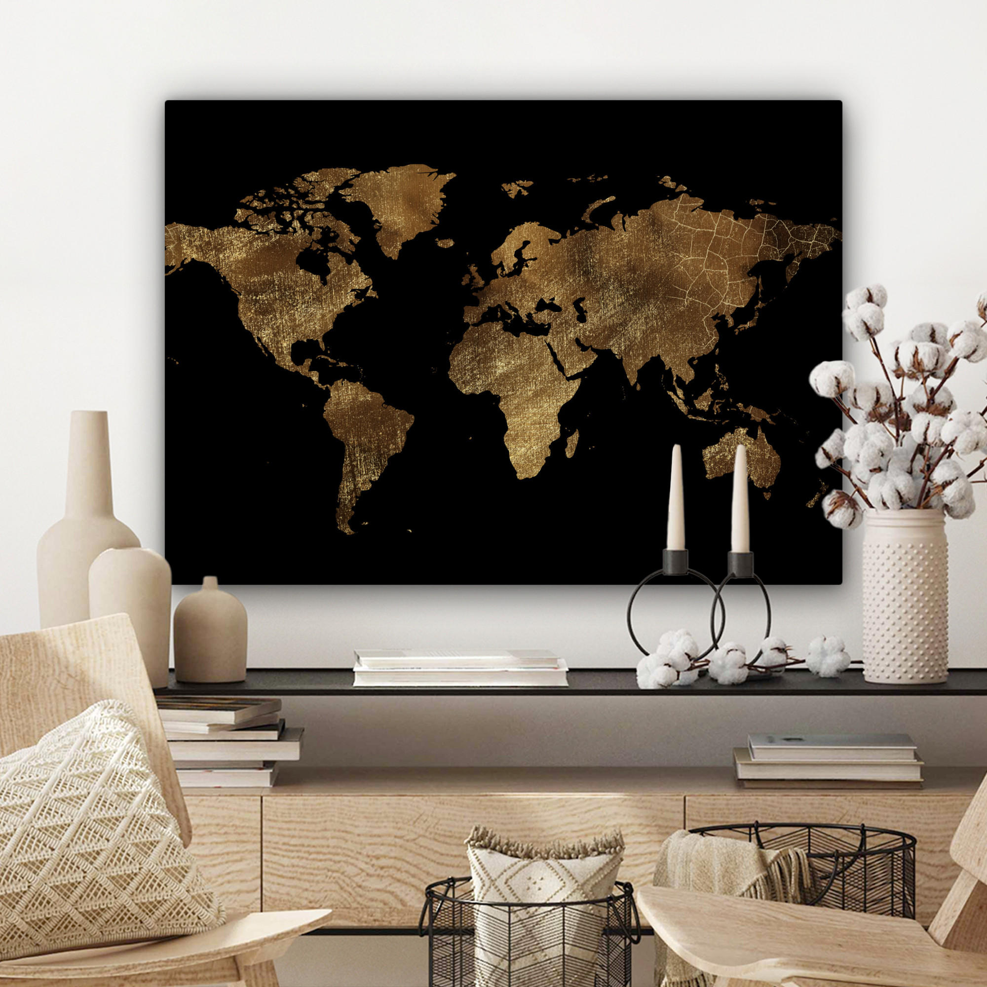 LEINWANDBILD Weltkarte - Gold - Luxus - Erde - Schwarz Wandbilder 80x60 cm - Goldfarben, Textil (80/60cm) - MuchoWow