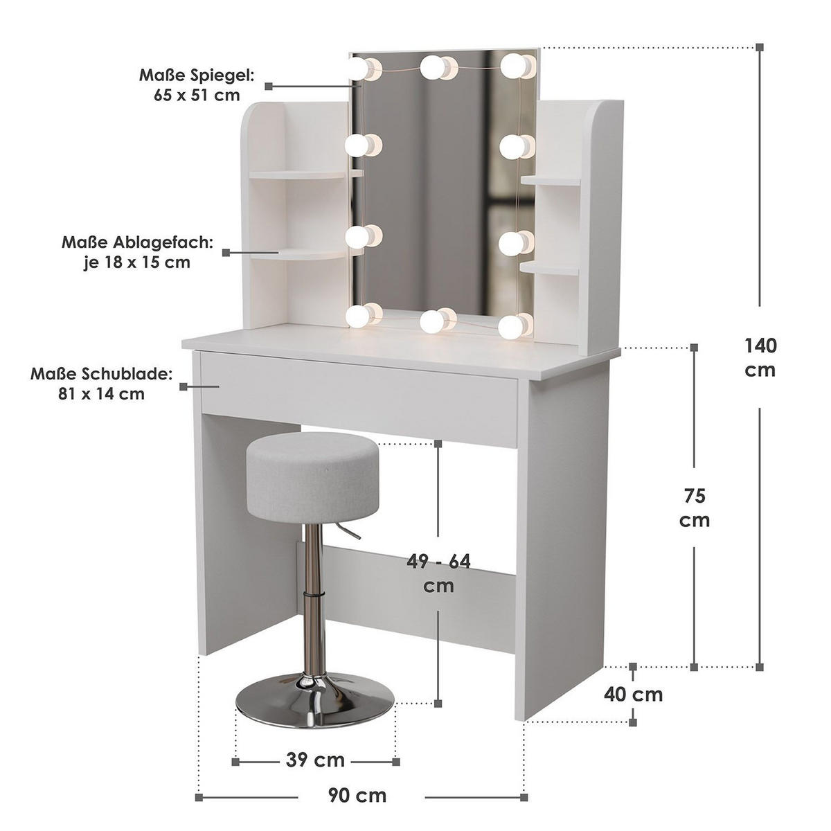 SCHMINKTISCH Zoey LED-Beleuchtung & Hocker Tonia - Weiß, Holz (40/140/90cm) - Juskys