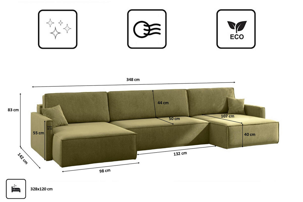 ECKSOFA Carlos U-Form Mit Schlaffunktion Und Bettkasten Stoff Salvador Olive - Olivgrün, Holz (348/142cm) - Kaiser Möbel