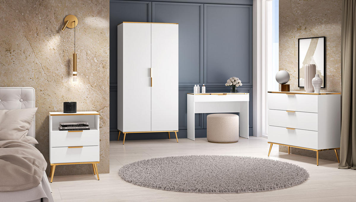SCHLAFZIMMER-SET Viterbo Alpinweiß matt / goldfarben 5-teilig - Goldfarben/Weiß, Holz/Holzwerkstoff (100/195/53cm) - Feldmann-Wohnen