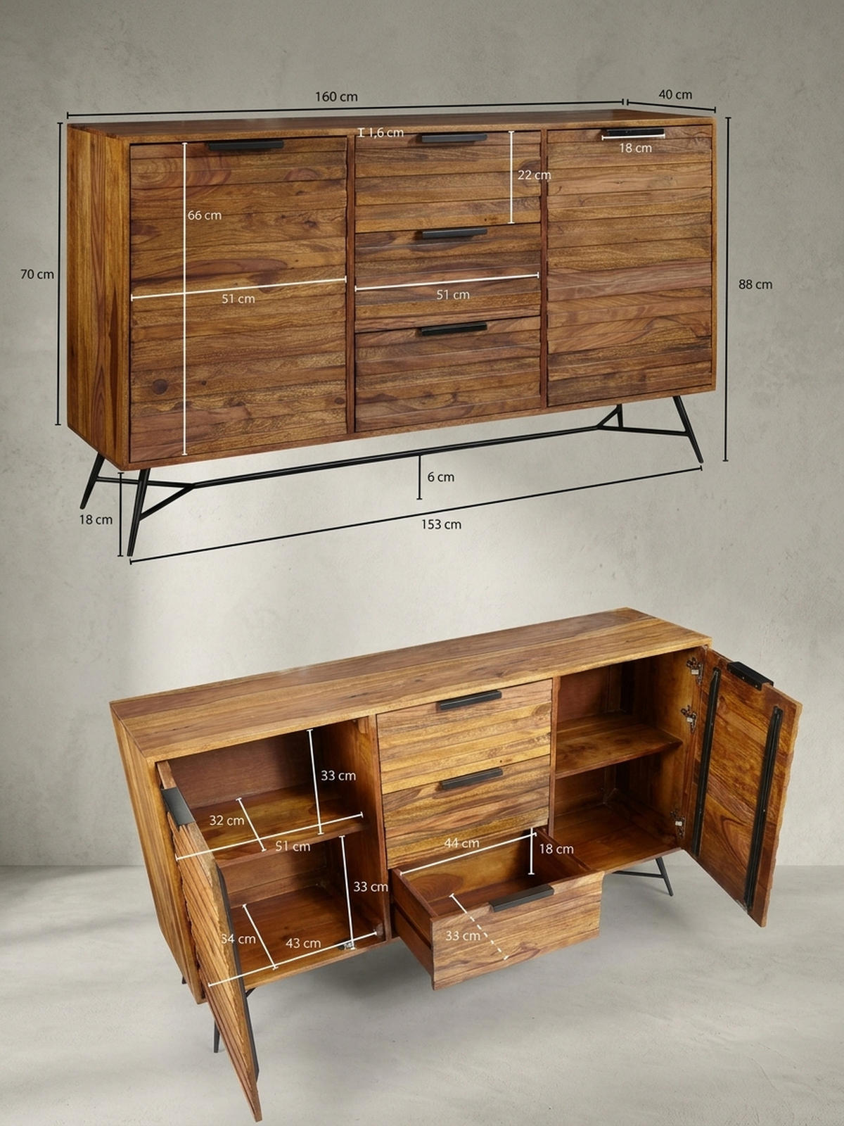 SIDEBOARD – FORMIO, Massivholz, 160x40x88 cm, Industrial-Stil - Schwarz/Braun, Holz/Metall (160/88/40cm) - KADIMA DESIGN