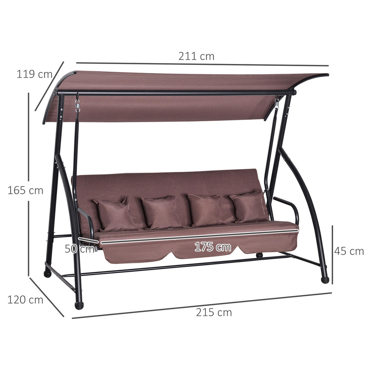 GARTENSCHAUKEL Hängebank 3 sitzer Schaukel mit verstellbarem Dach Kunststoff Braun - Schwarz/Braun, Kunststoff/Metall (270/165/215cm) - Outsunny