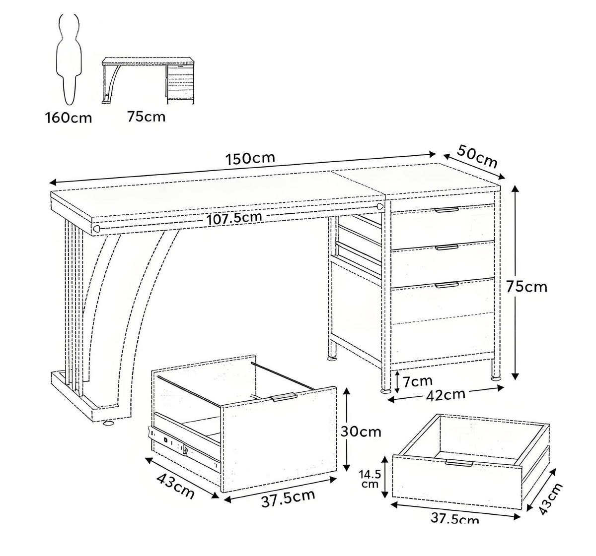 SCHREIBTISCH mit 3 Schubladen 150 x 50 x 75 cm Walnut Metall & Holz - Braun, Metall (150/50/75cm) - Meubliv