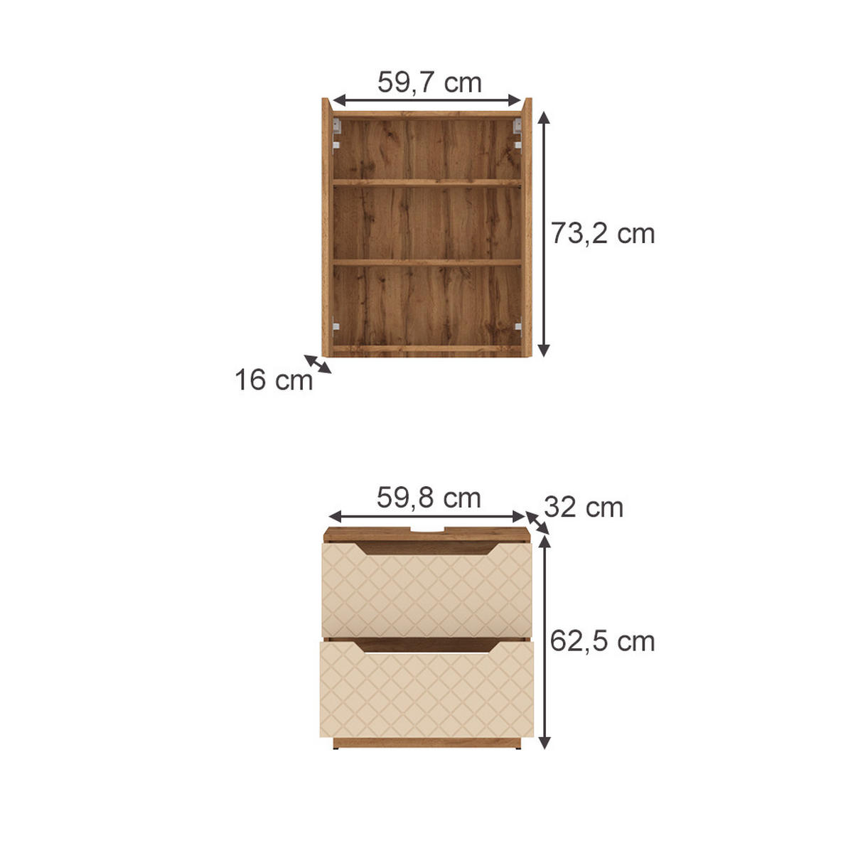 BADMÖBEL-SET Lotta Eiche/Grau mit Kachelstruktur 2 Teile - Kaschmir, Holzwerkstoff (59.8/62.5/32cm) - Vicco