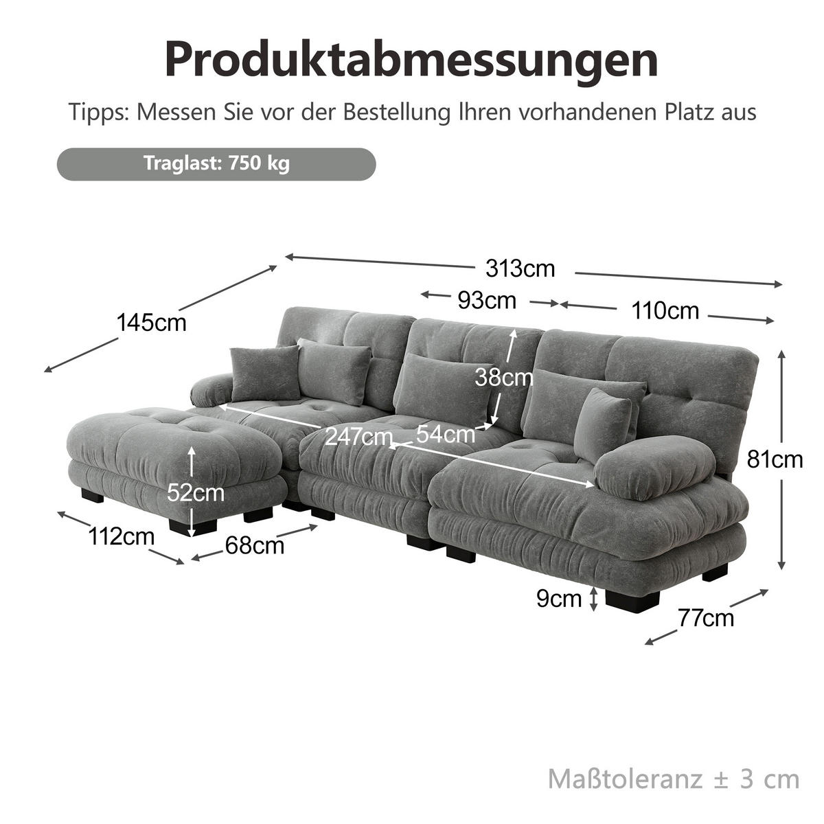 ECKSOFA DE-34065 L-förmig mit Ottoman Grau - Grau, Holz (145/313cm) - ComfortXL