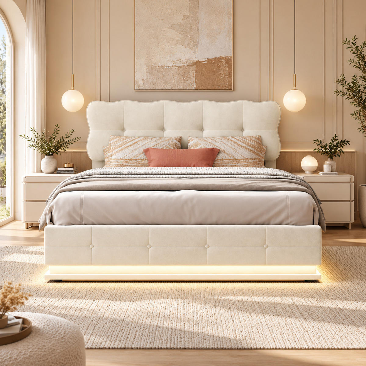 POLSTERBETT 140/190 cm mit LED-Beleuchtung - Beige, Holz/Metall (140/190cm) - Joyfair