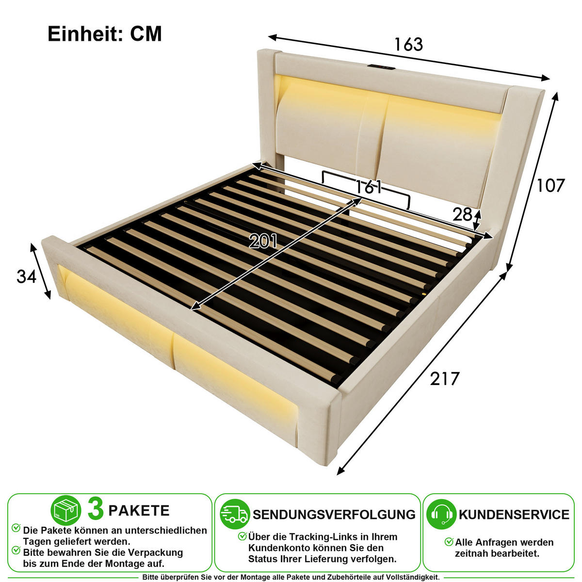 POLSTERBETT 160/200 cm in Beige Samt mit Bettkasten, LED und USB - Beige, Holzwerkstoff/Textil (160/200cm) - CHICFURN