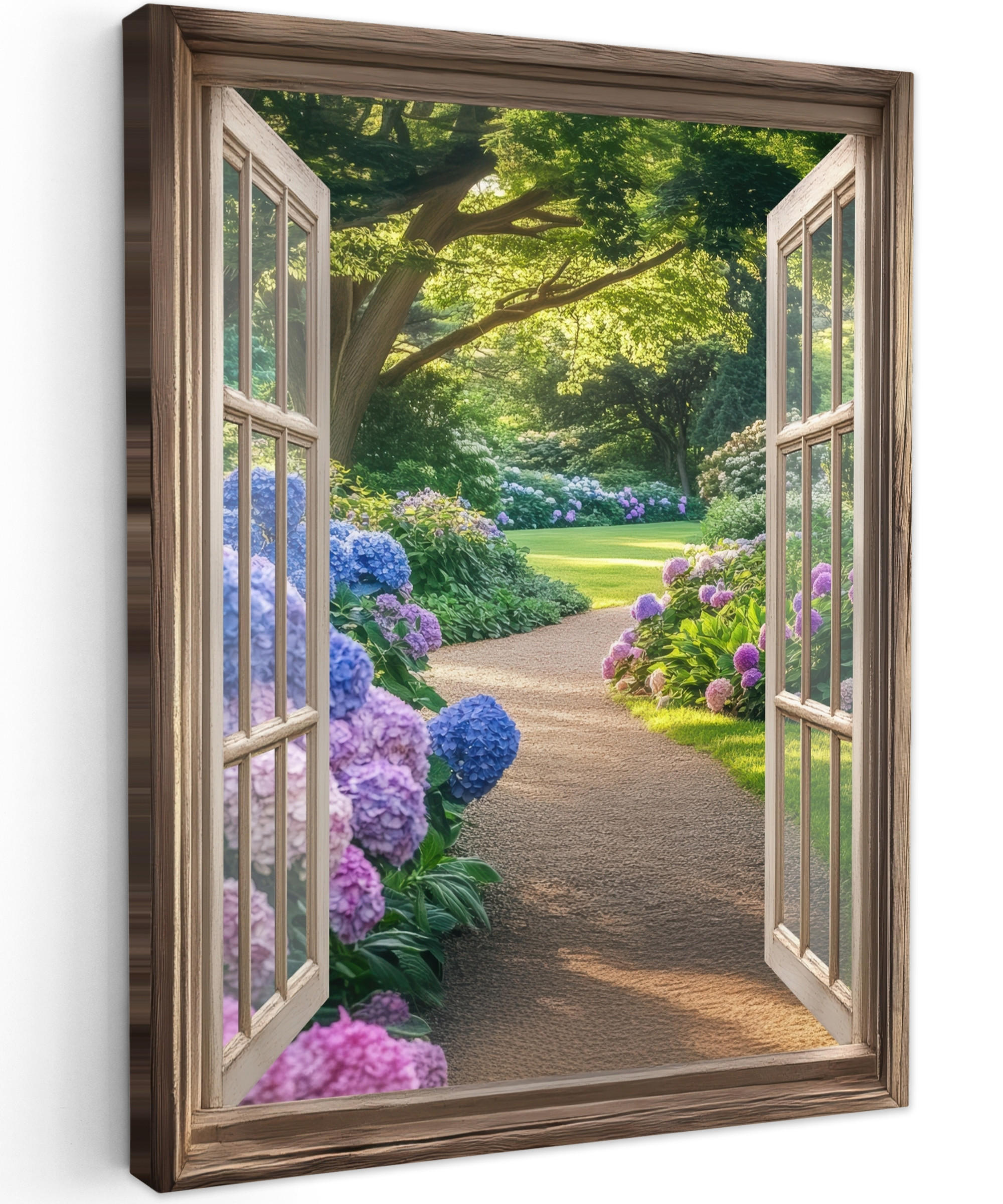 LEINWANDBILD Aussicht - Garten - Fenster - Hortensie - Blumen 60x80 cm - Pastellblau, Textil (60/80cm) - MuchoWow