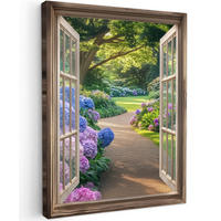 LEINWANDBILD Aussicht - Garten - Fenster - Hortensie - Blumen 60x80 cm - Pastellblau, Textil (60/80cm) - MuchoWow