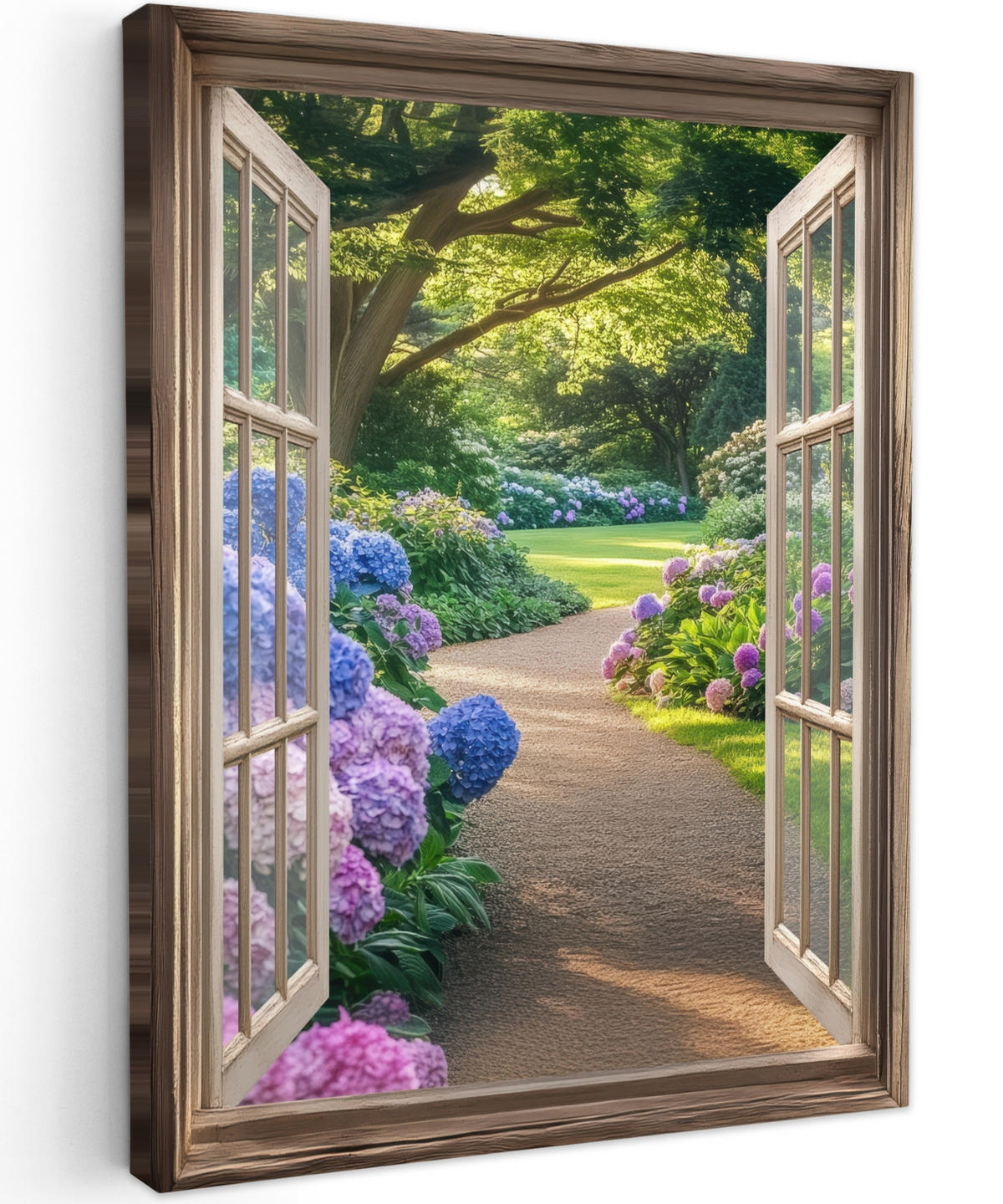 LEINWANDBILD Aussicht - Garten - Fenster - Hortensie - Blumen 60x80 cm - Pastellblau, Textil (60/80cm) - MuchoWow