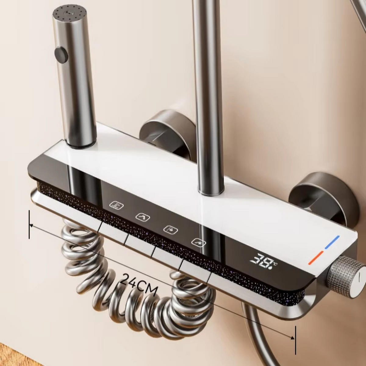 ÜBERKOPFBRAUSESET LED Digitalanzeige Messing, grau - Grau, Metall (20/120/30cm) - Bextcok
