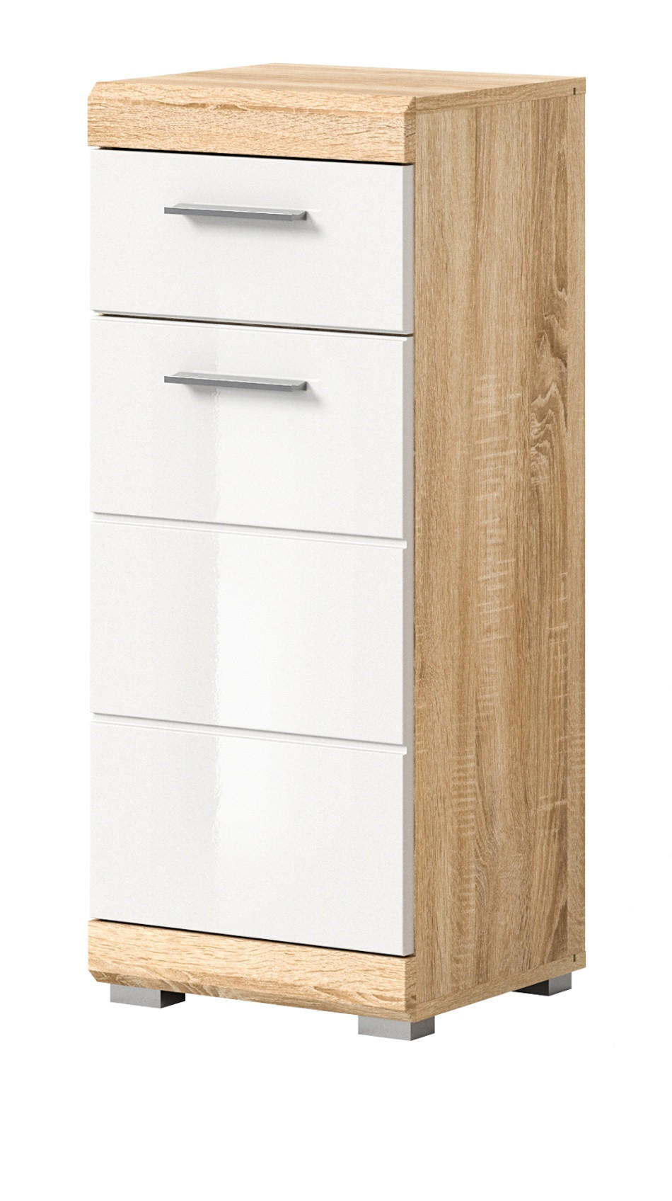 KOMMODE weiß Hochglanz, Eiche 37 cm Badschrank mit Vollauszug - Weiß Hochglanz/Eichefarben, Holzwerkstoff/Kunststoff (37/88/31cm) - Inn.Furn
