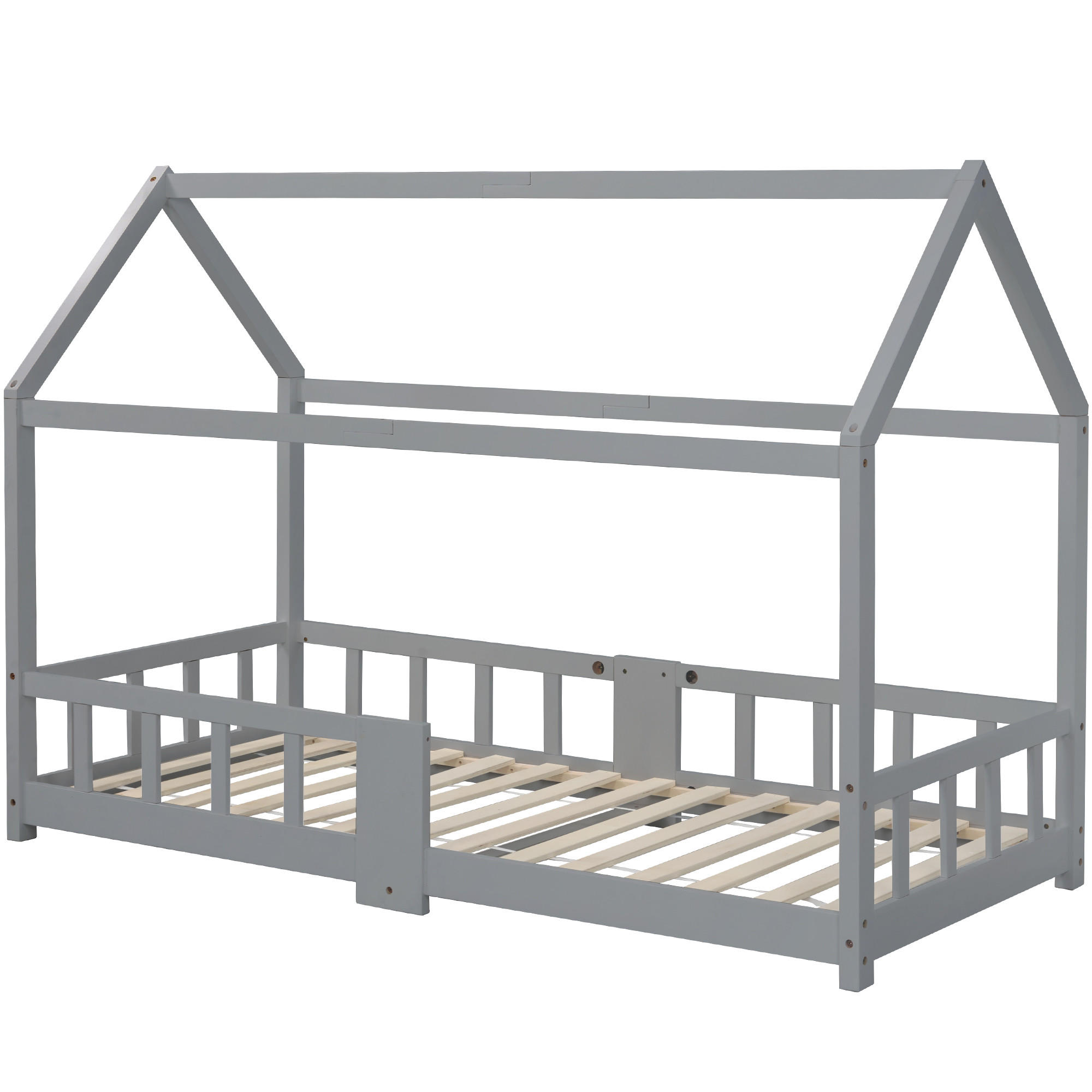 HAUSBETT 90/200 cm DE-03879, mit Tafel, Rausfallschutz und Lattenrosten, in Grau - Grau, Holz (90/200cm) - ComfortXL
