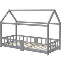 HAUSBETT 90/200 cm DE-03879, mit Tafel, Rausfallschutz und Lattenrosten, in Grau - Grau, Holz (90/200cm) - ComfortXL