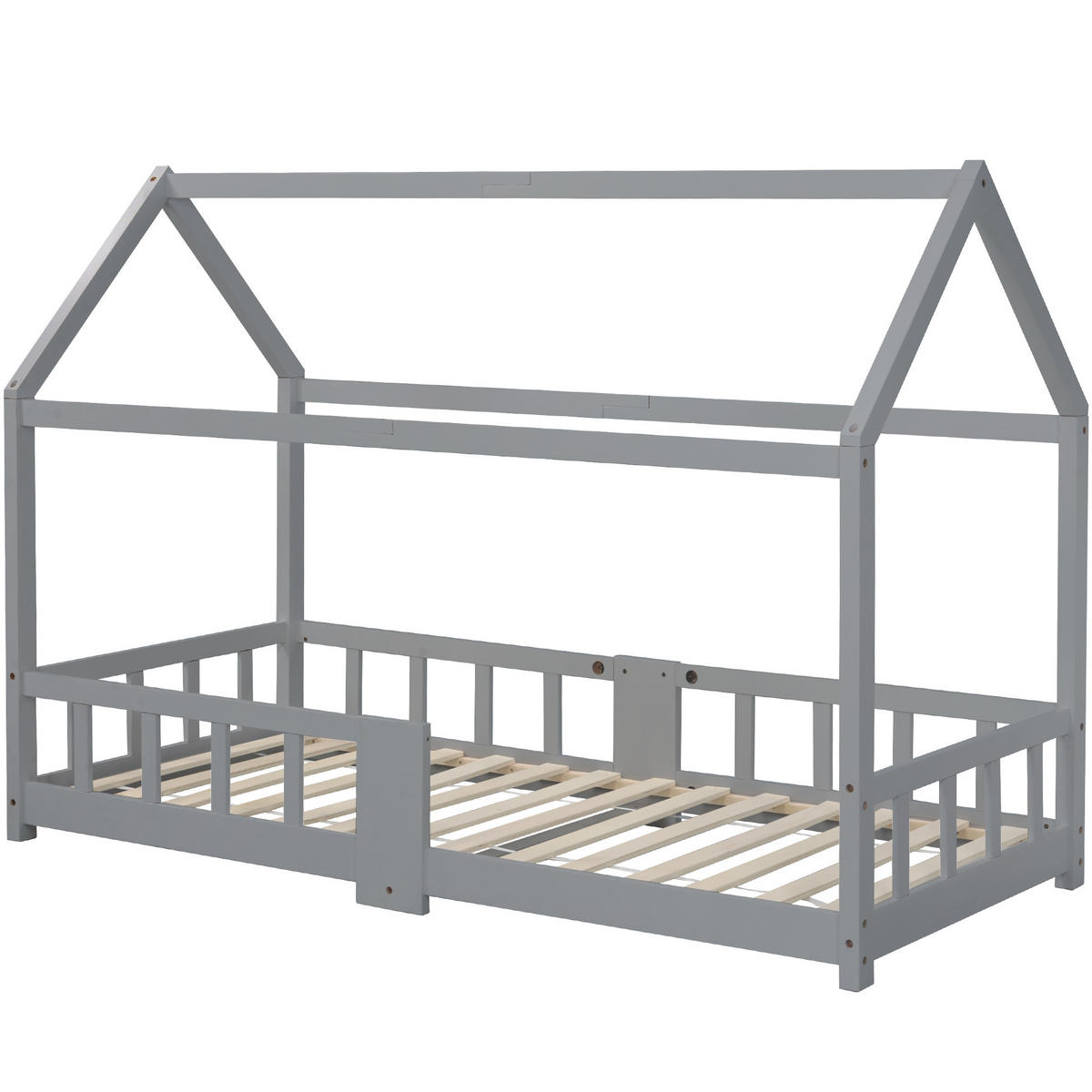 HAUSBETT 90/200 cm Grau aus Kiefer Massivholz mit Tafel und Rausfallschutz - Grau, Holzwerkstoff (90/200cm) - OKWISH