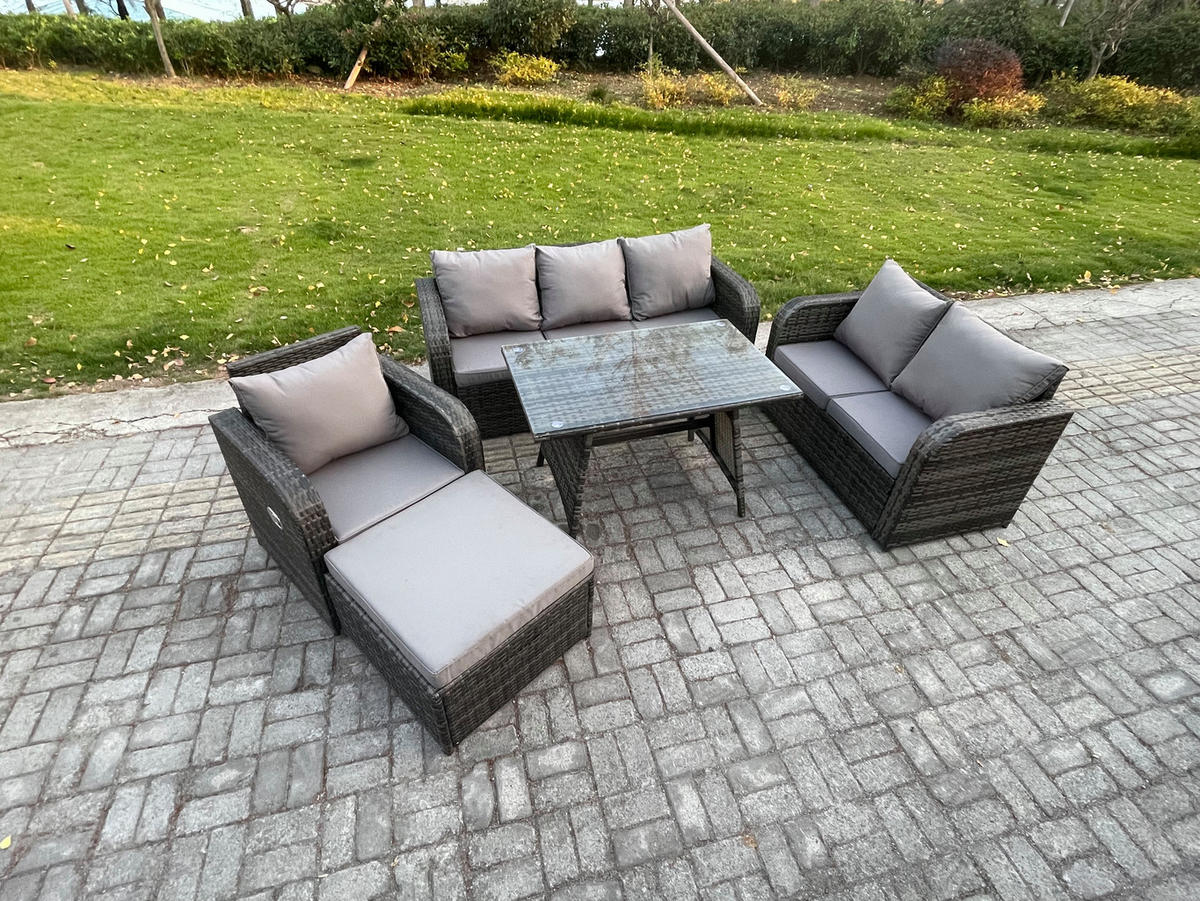 GARTENMÖBEL SET Polyrattan Dunkelgrau 7-Sitzer - Dunkelgrau/Grau, Glas/Kunststoff - Fimous