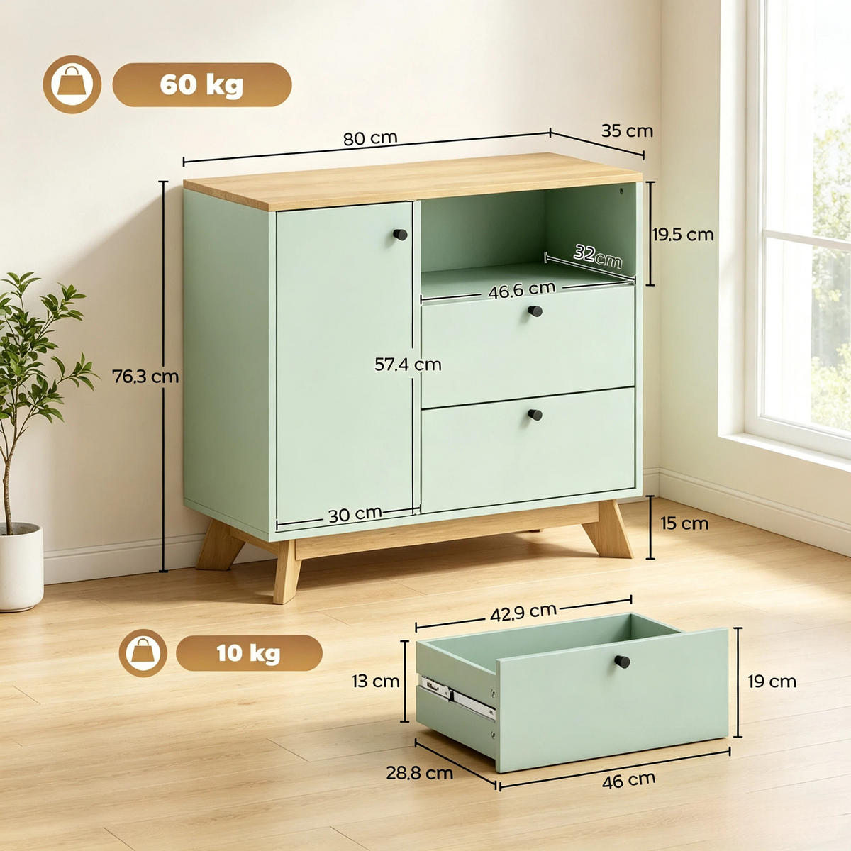 BUFFET DE-38816 80/35/76,3 cm mit 2 Schubladen und offenes Fach Hellgrün - Hellgrün, Holzwerkstoff (80/76.3/35cm) - ComfortXL