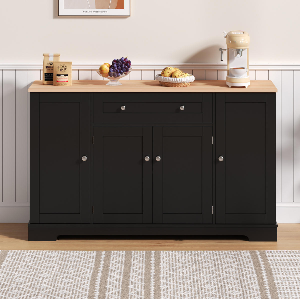 SIDEBOARD 138 cm in Schwarz mit Schublade, verstellbaren Einlegeböden und Kippschutz - Schwarz, Holzwerkstoff (138/85/40cm) - Flora Grace