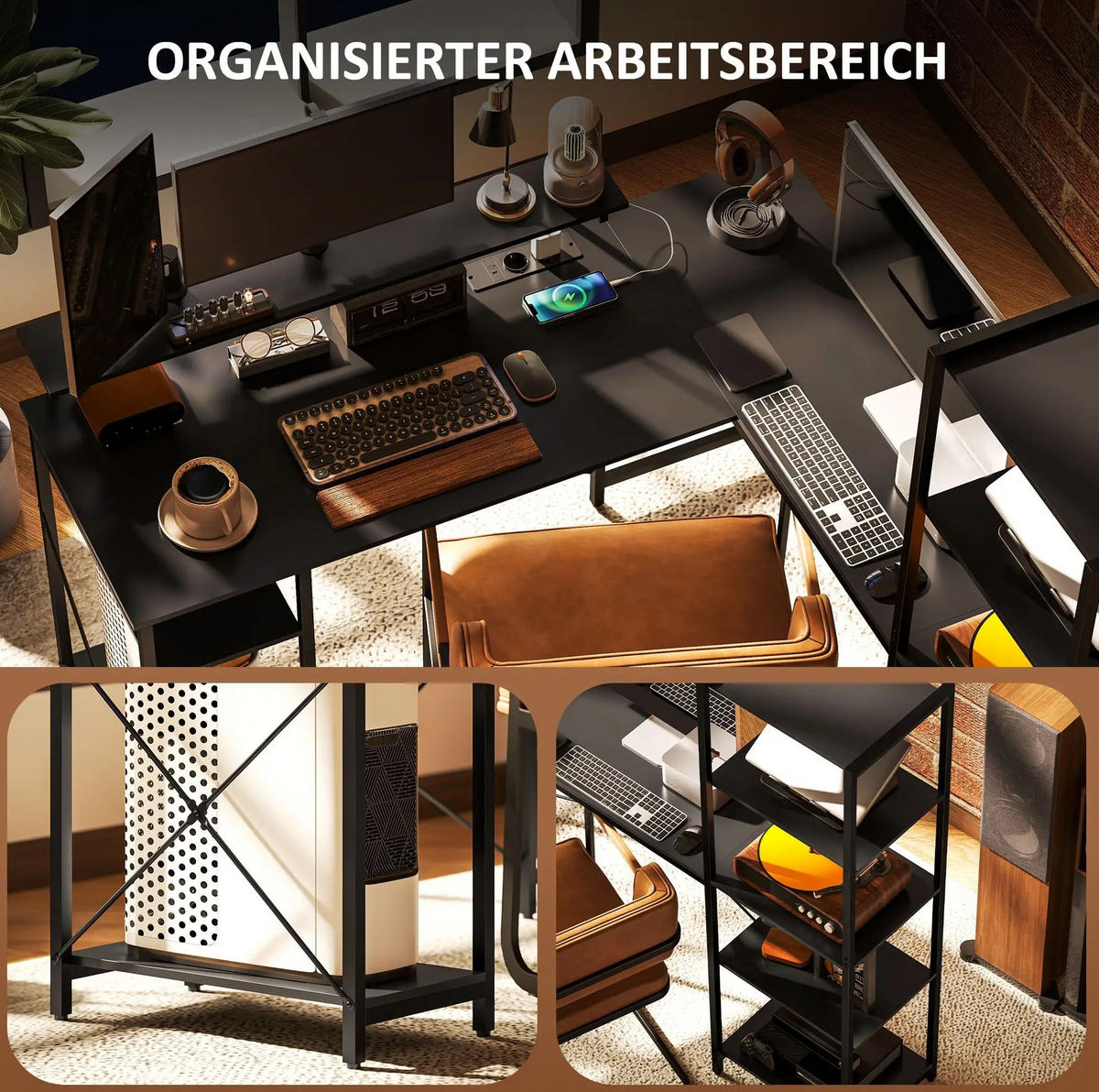 SCHREIBTISCH L-förmig mit Ladestation und Regal Schwarz - Schwarz, Metall (137/140/139.5cm) - Meubliv