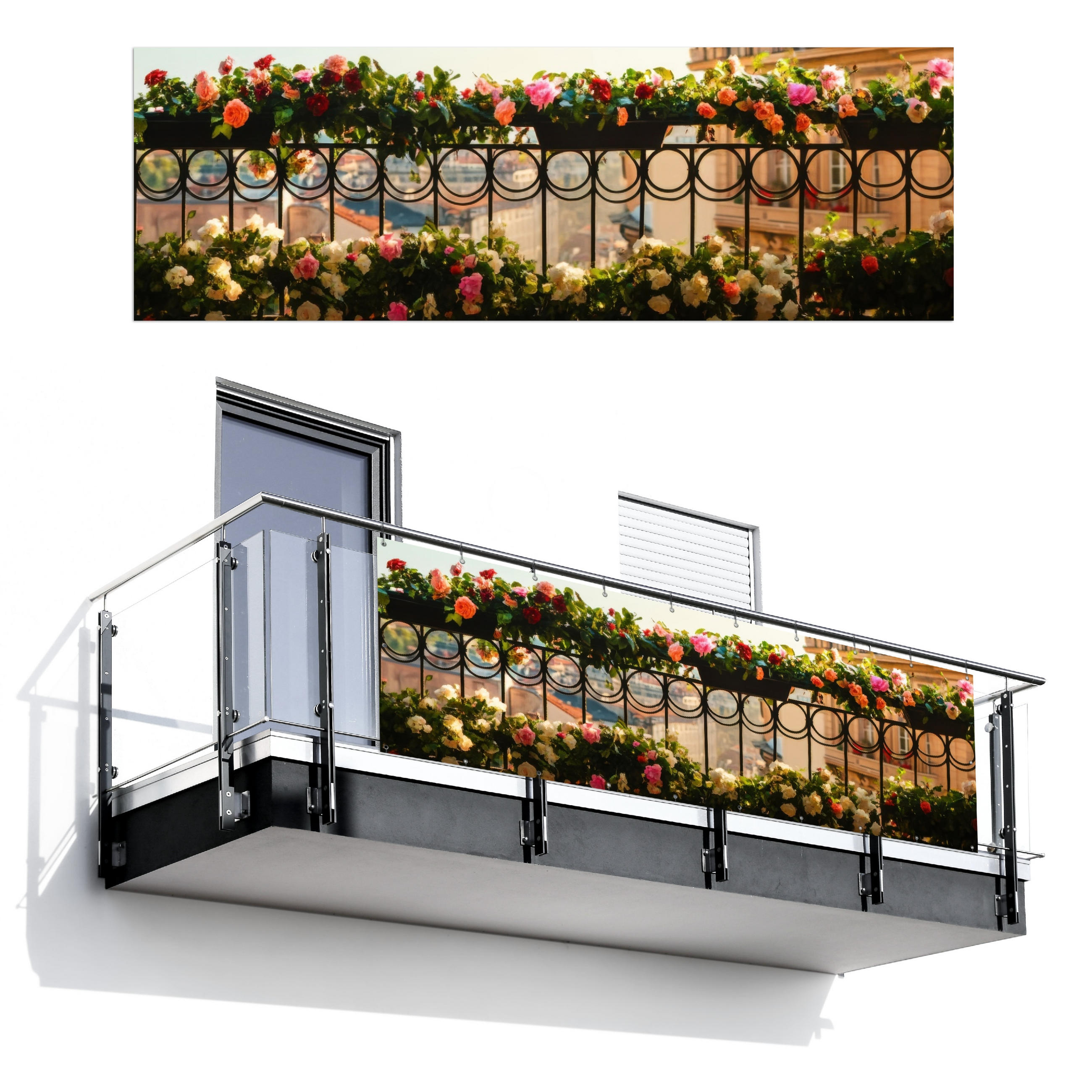 BALKON-SICHTSCHUTZ Blumen - Zaun - Stadtbild - Sommer - Pink, Kunststoff (300/100cm) - MuchoWow