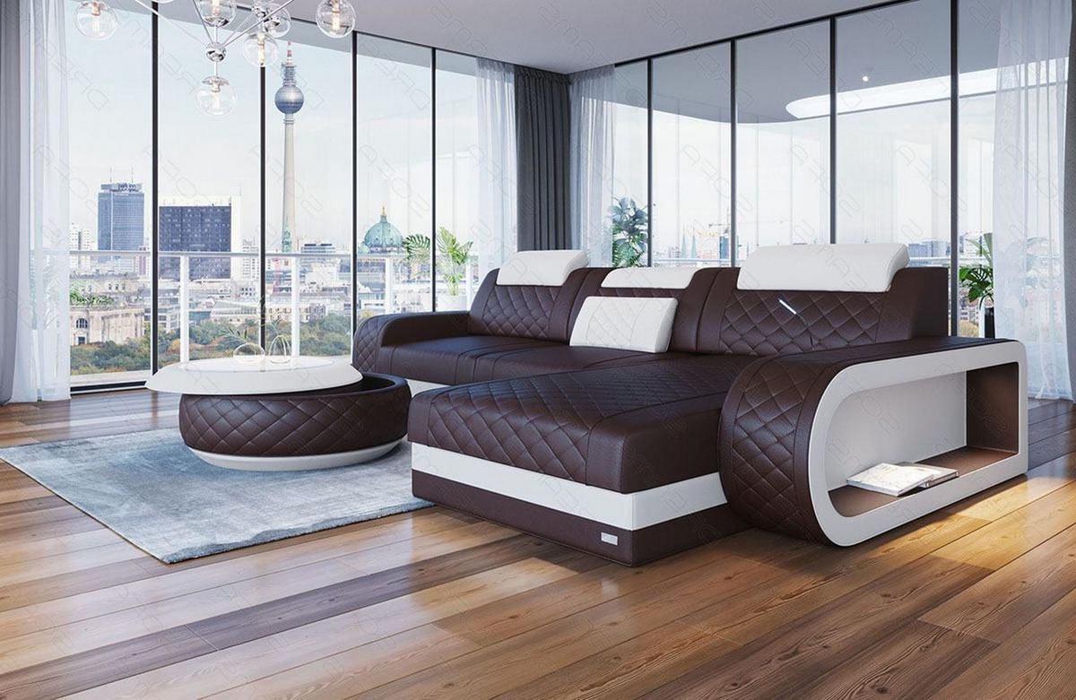 ECKSOFA Sofa Berlin Dunkelbraun Weiß Echtleder - Dunkelbraun, Leder (308/198cm)