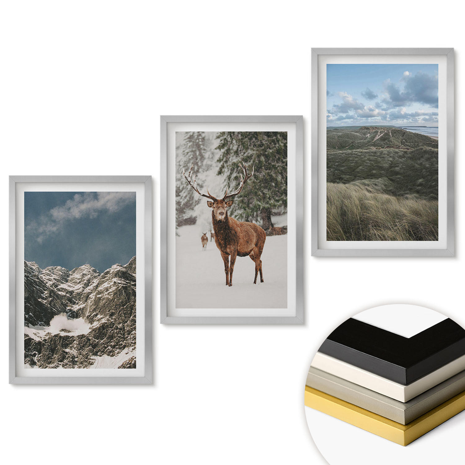 WANDBILDER 3er Set - 40x60 cm Silberner Rahmen - Berge, Schnee, Hirsche, Waldlandschaft - Silberfarben, Kunststoff (40/60cm) - ArtPrintCave