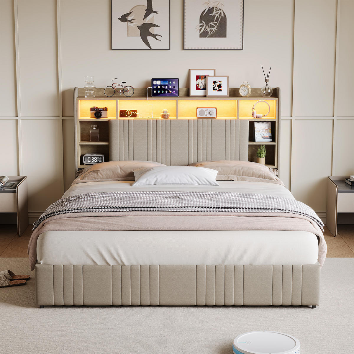 POLSTERBETT 140x200 cm LED USB 4 Schubladen Stauraum Kopfteil Leinen beige - Beige, Holz (140/200cm) - LEBENLANG