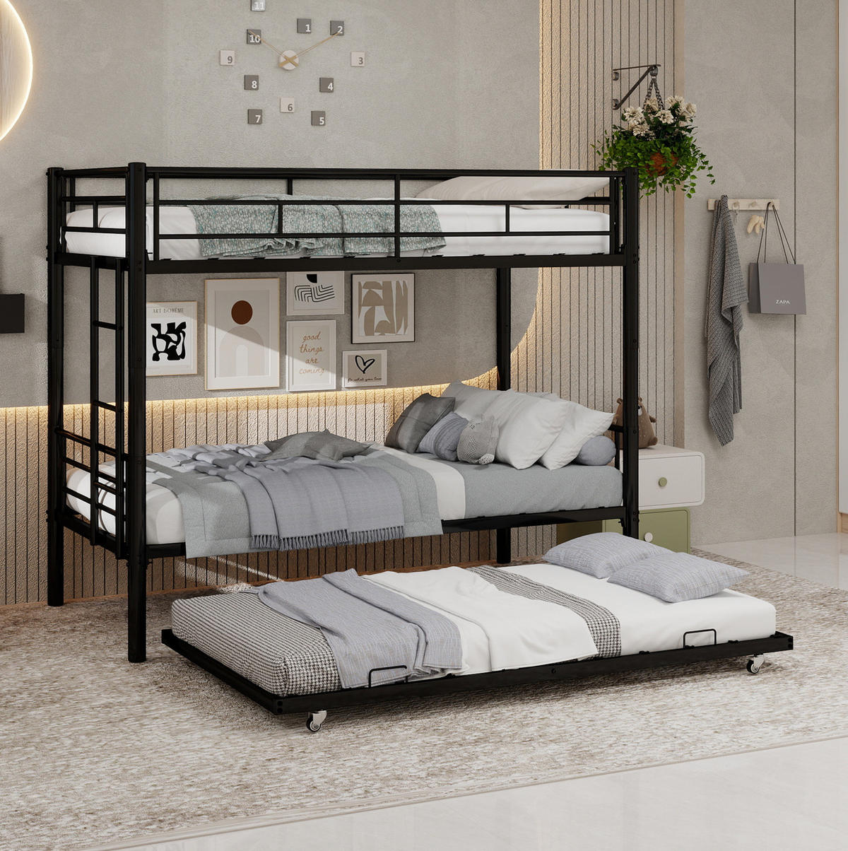 ETAGENBETT 90/180 cm schwarz aus Eisen teilbar mit Leiter - Schwarz, Metall (90/200cm) - OKWISH