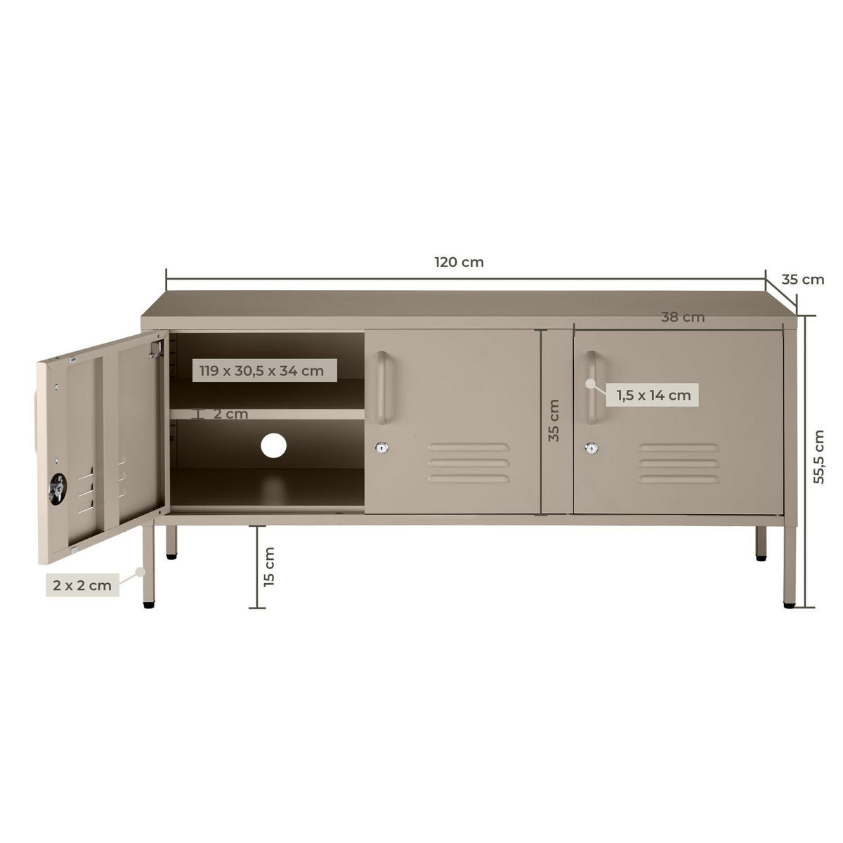SIDEBOARD Baker, Kippschutz, höhenverstellbare Füße, taupe - Taupe, Metall (120/55.5/37.5cm) - tectake
