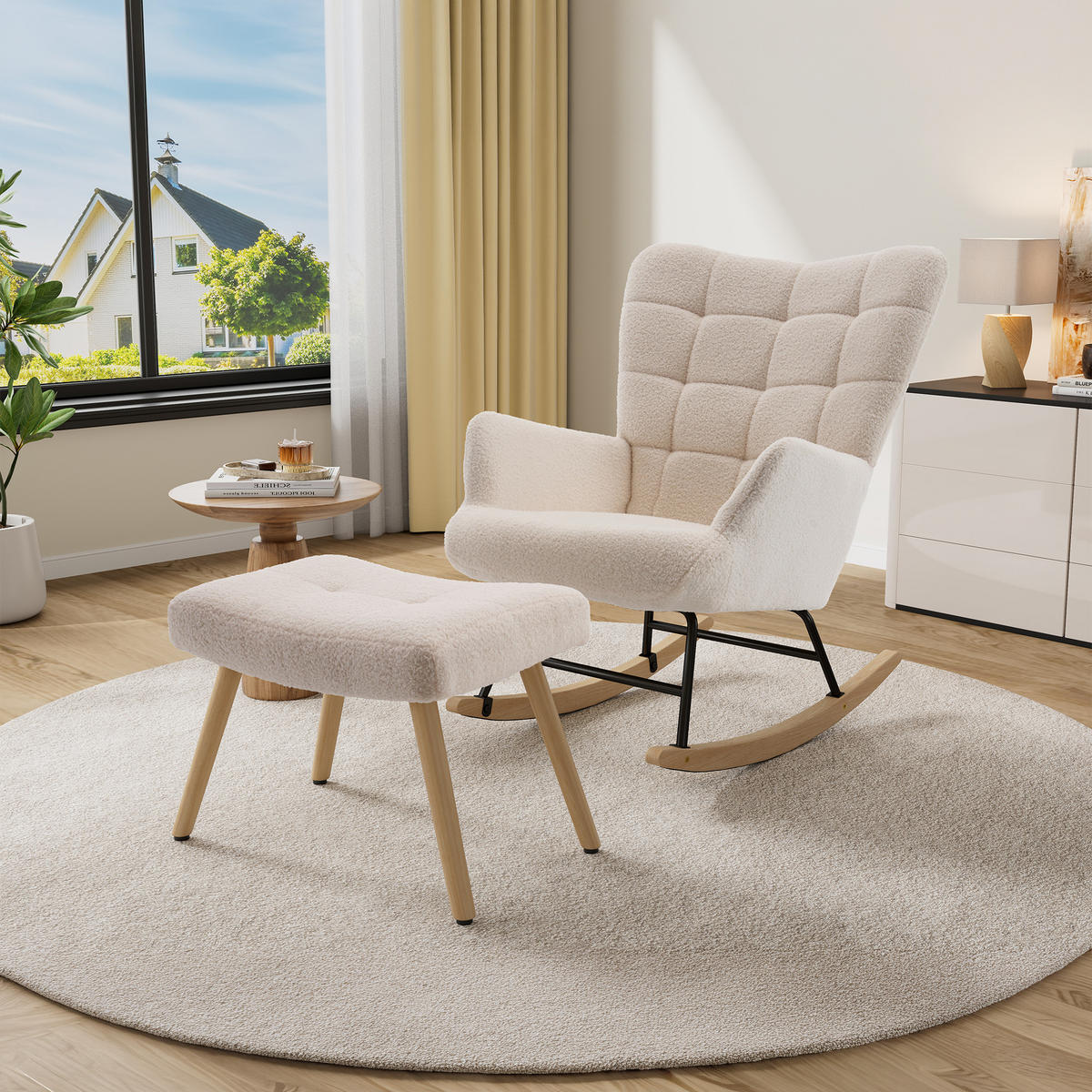 SCHAUKELSTUHL in Beige mit weichem Sherpa-Bezug und Fußhocker - Beige/Naturfarben, Holz/Textil (68/91/88cm) - CHICFURN
